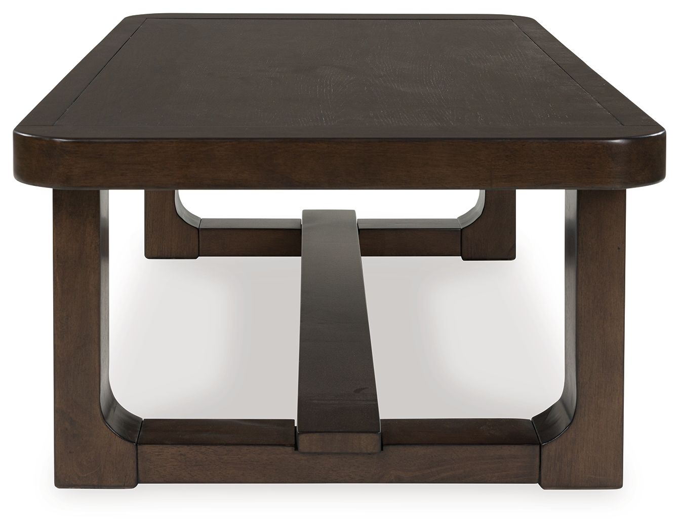 Dark brown rectangular cocktail table with lower shelf and turned legs