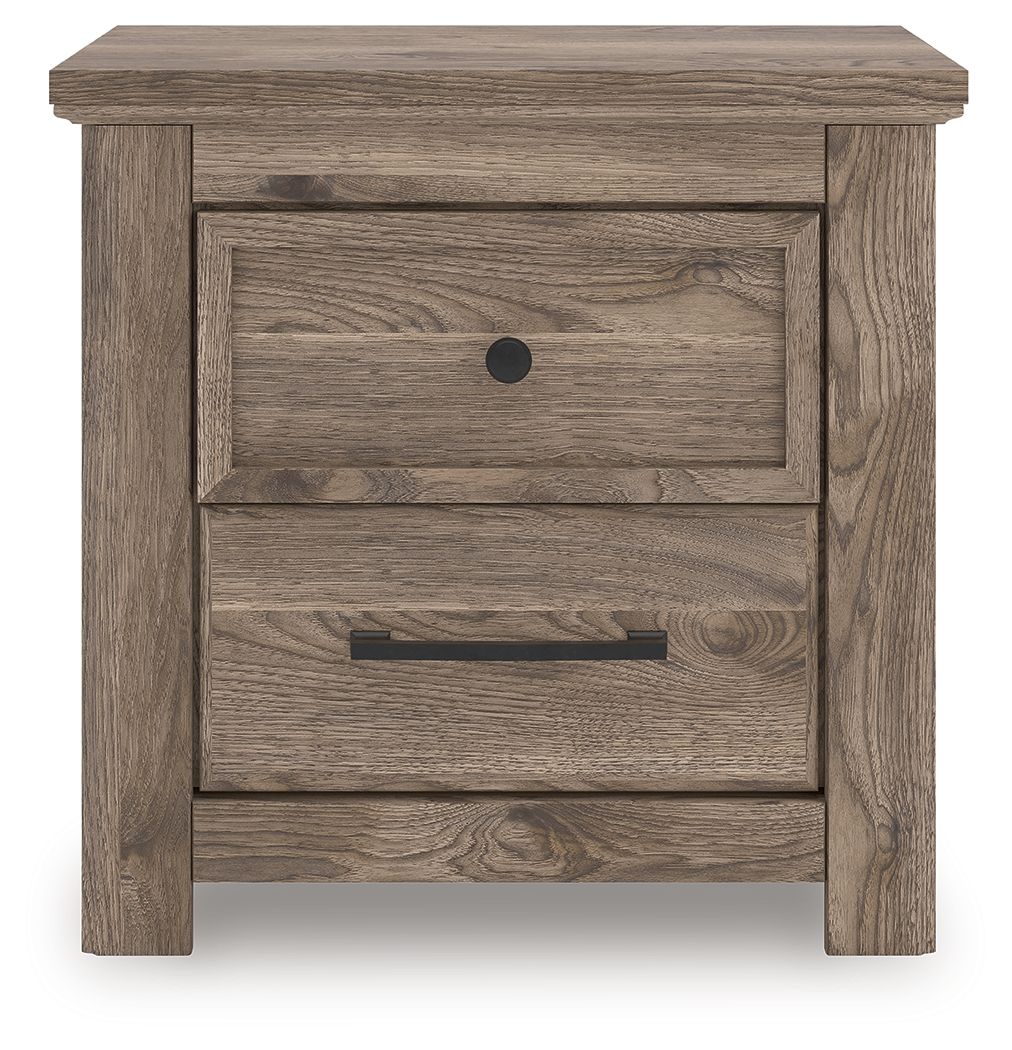 Brown night stand with two front drawers, round knob on top drawer and bar handle.