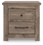 Brown night stand with two front drawers, round knob on top drawer and bar handle.