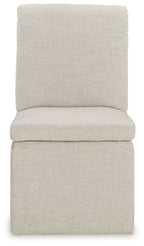 Oatmeal upholstered dining chair with tall square back and padded seat