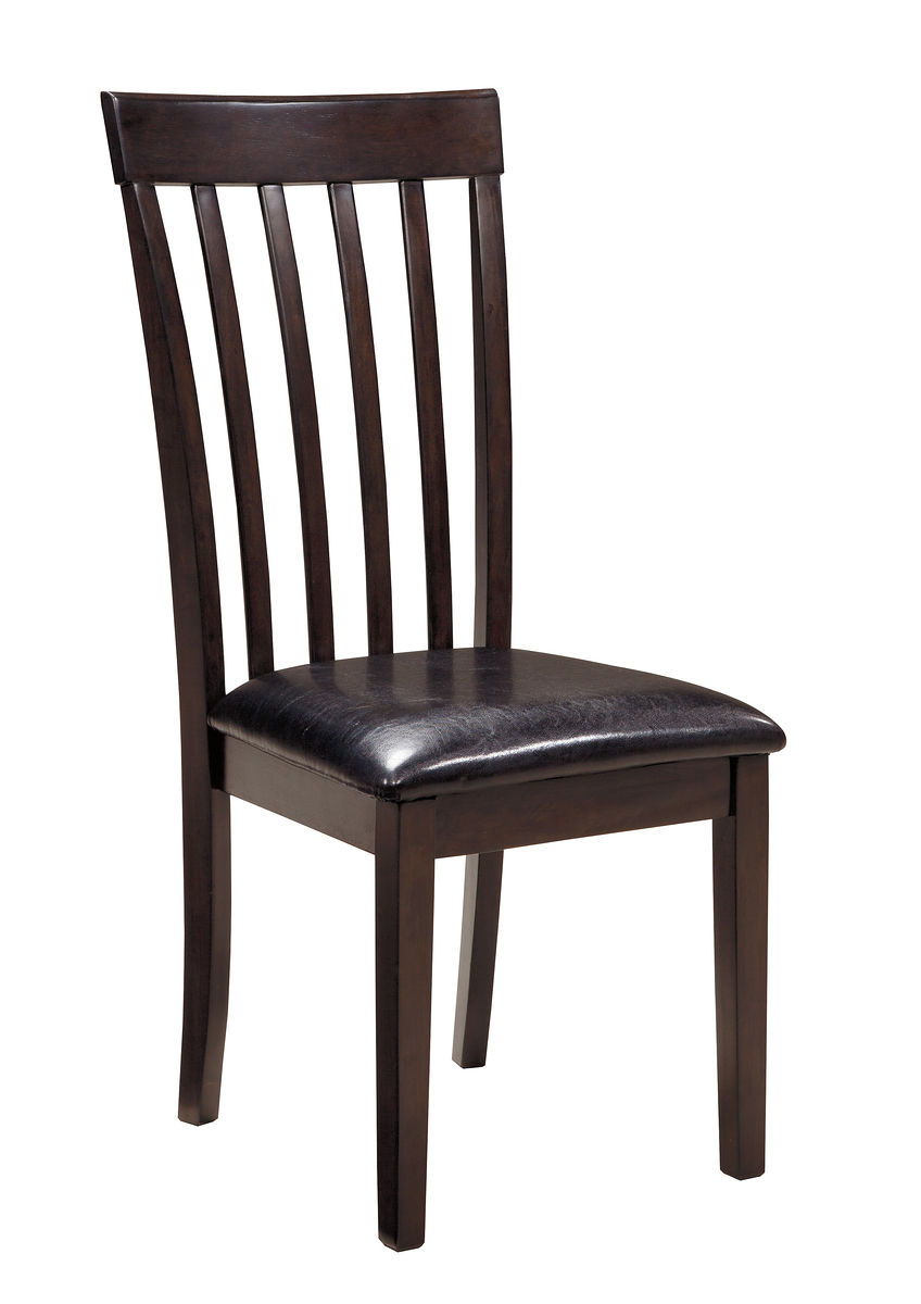Dark brown slat-back dining chair with black padded seat