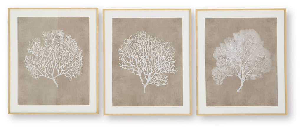 Set of 3 framed wall art prints with white tree silhouettes on taupe backgrounds