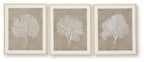 Set of 3 framed wall art prints with white tree silhouettes on taupe backgrounds