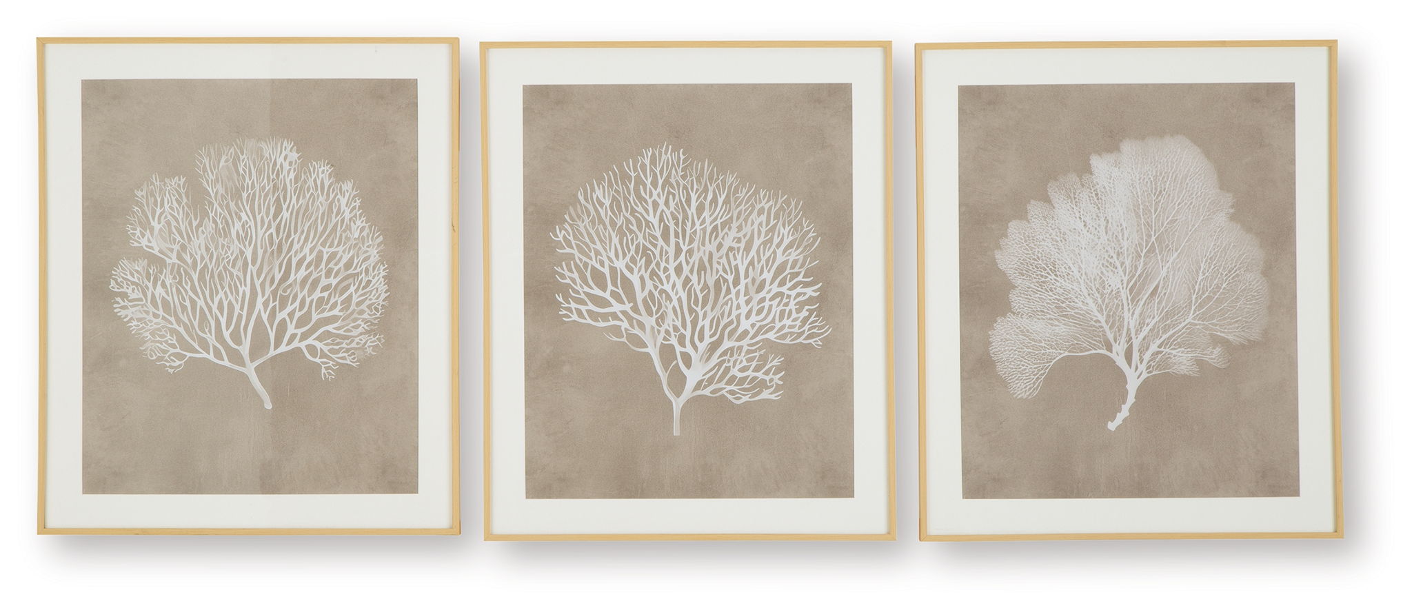 Set of 3 framed wall art prints with white tree silhouettes on taupe backgrounds