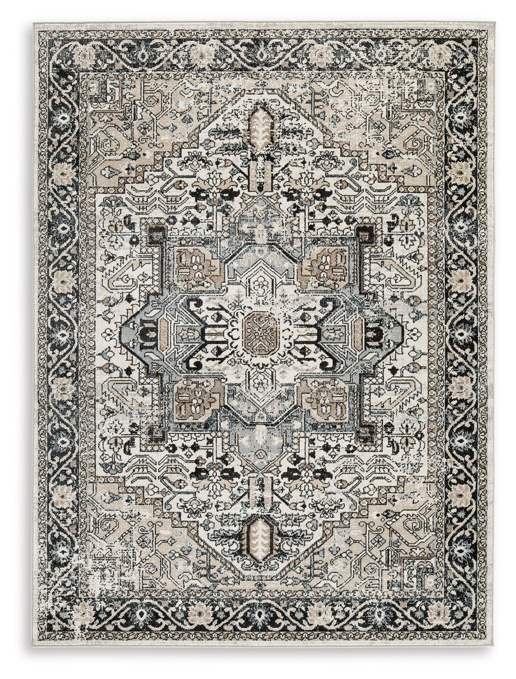 Gray area rug with dark navy floral geometric medallion and decorative border