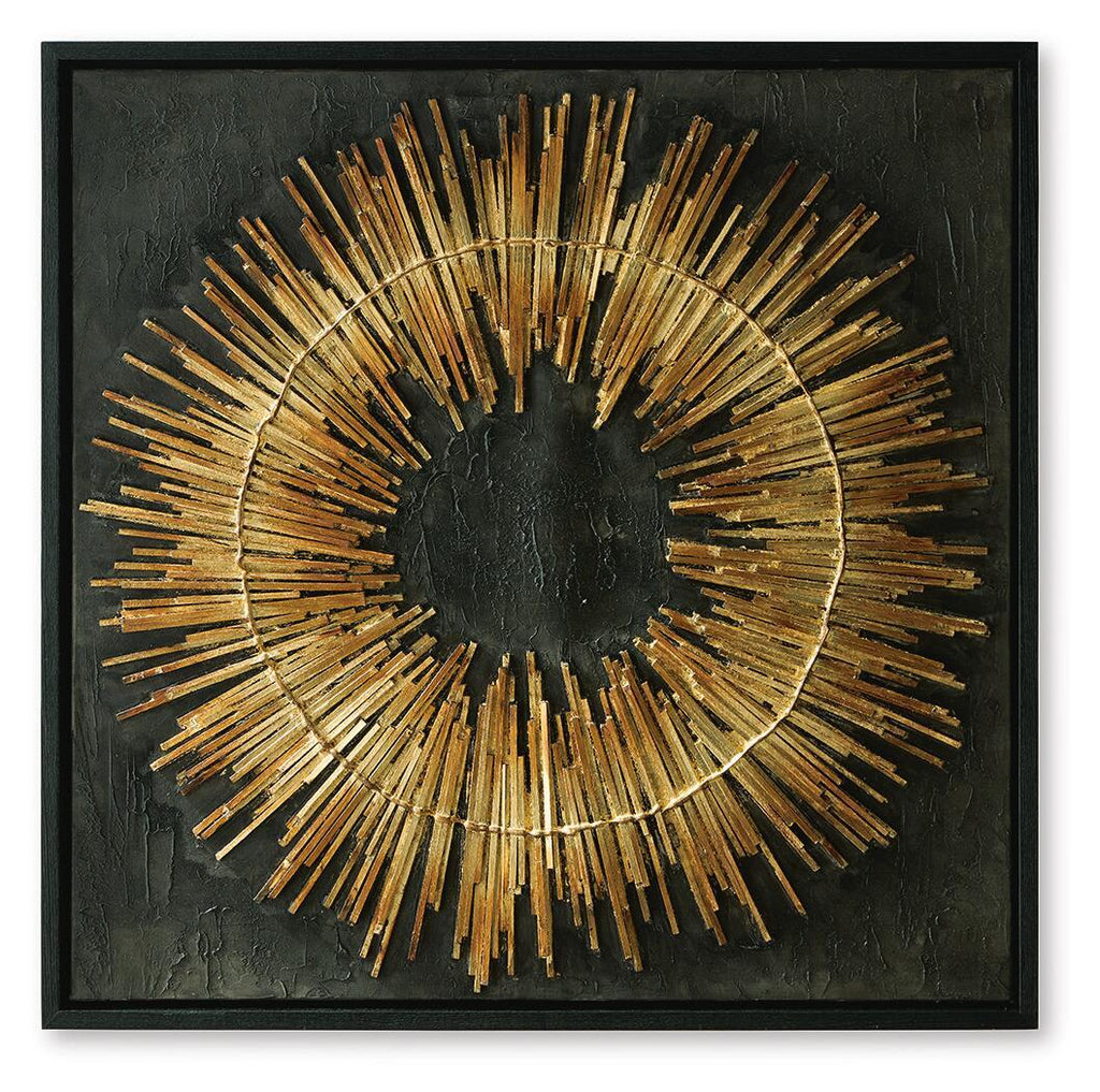 Black and gold circular wall art with metal stick sunburst in a square frame