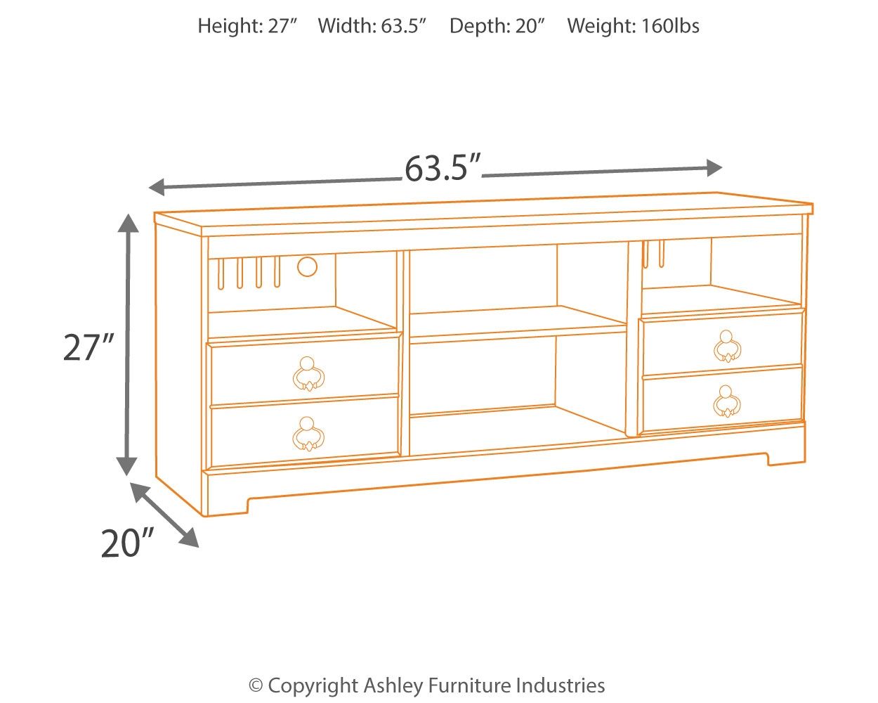 Willowton TV stand with fireplace dimensions: 63.5W x 20D x 27H