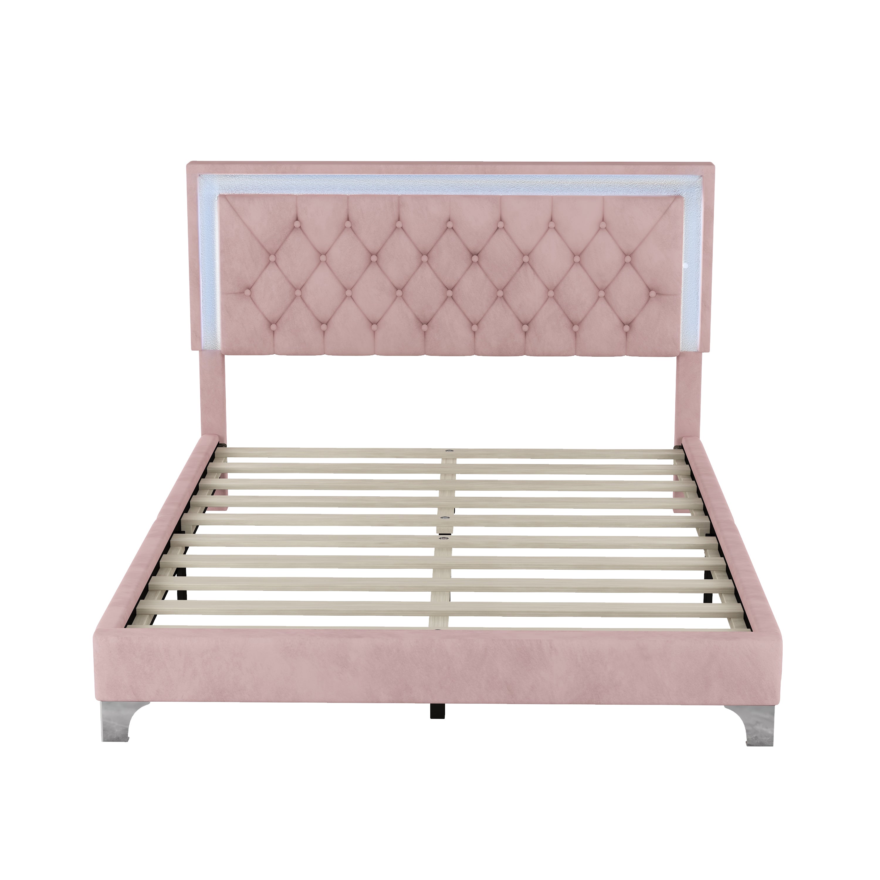 Pink Queen Upholstered Bed Set w/ LED Lights & Nightstands