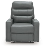 Power recliner with adjustable headrest in dark gray, padded armrests and seat cushions