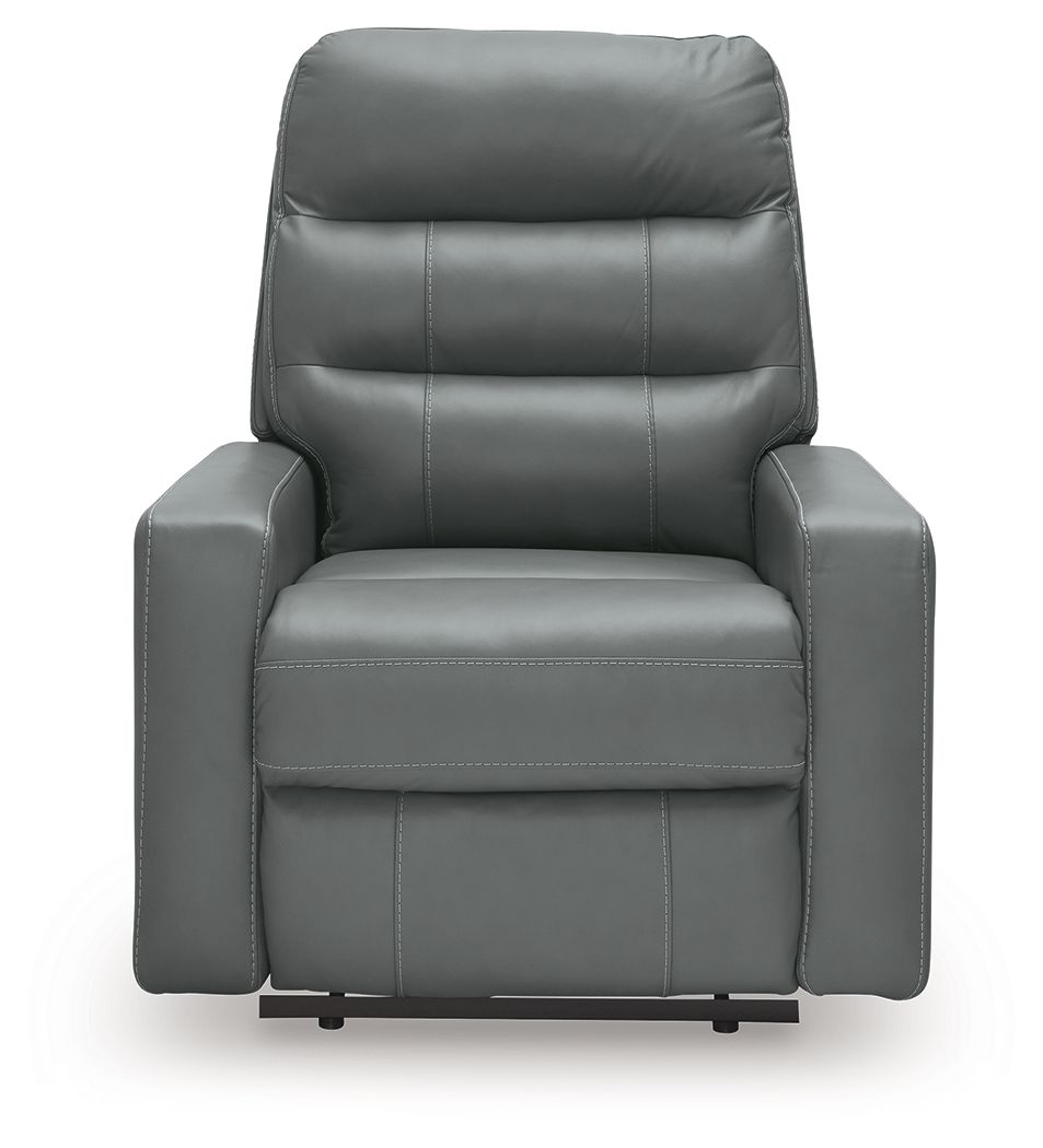 Power recliner with adjustable headrest in dark gray, padded armrests and seat cushions