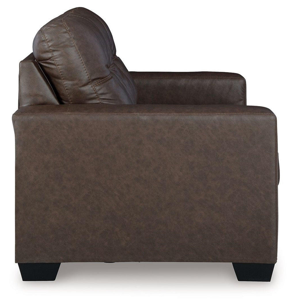 Dark brown loveseat side view with tufted backrest and smooth arm panel
