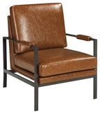 Brown leather-look accent chair with padded arms and square metal legs.