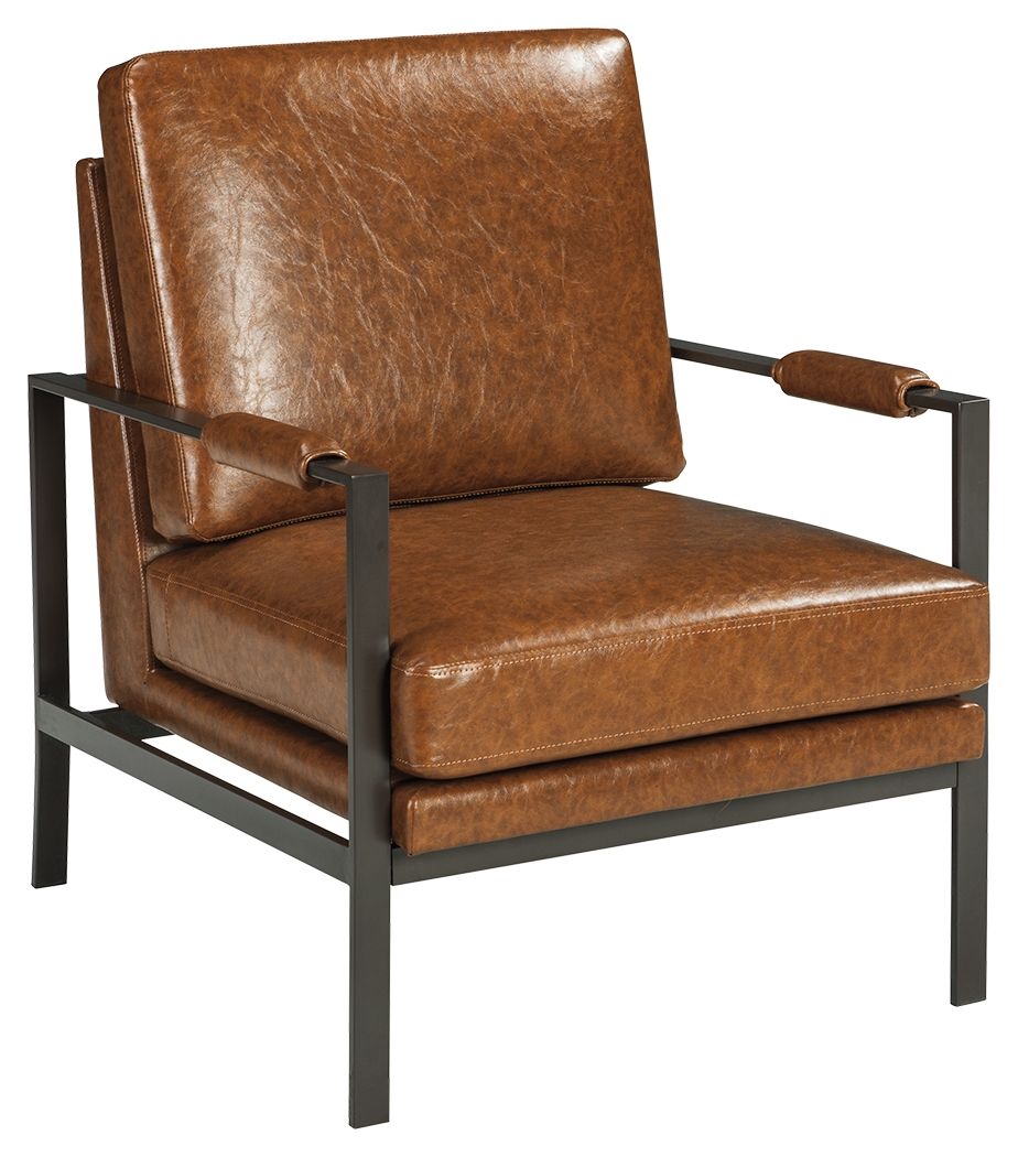 Brown leather-look accent chair with padded arms and square metal legs.