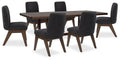 Dining table set with dark brown tabletop and five dark gray upholstered chairs