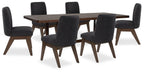 Dining table set with dark brown tabletop and five dark gray upholstered chairs