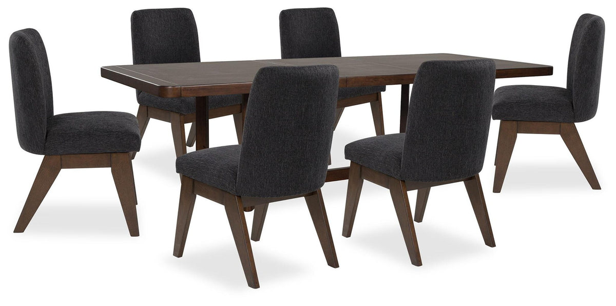 Dining table set with dark brown tabletop and five dark gray upholstered chairs
