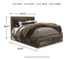 Wood panel bed with gray upholstered headboard and width/height measurements overlay