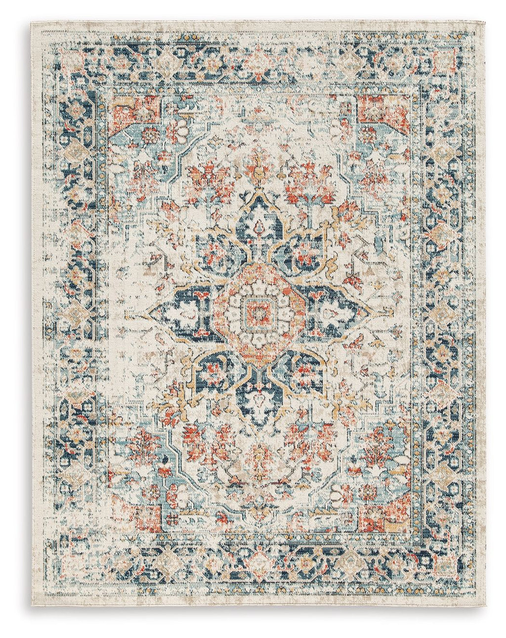 Jarrpage multi-pattern 5x7 area rug, blue/cream with orange accents and medallions