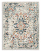 Jarrpage multi-pattern 5x7 area rug, blue/cream with orange accents and medallions
