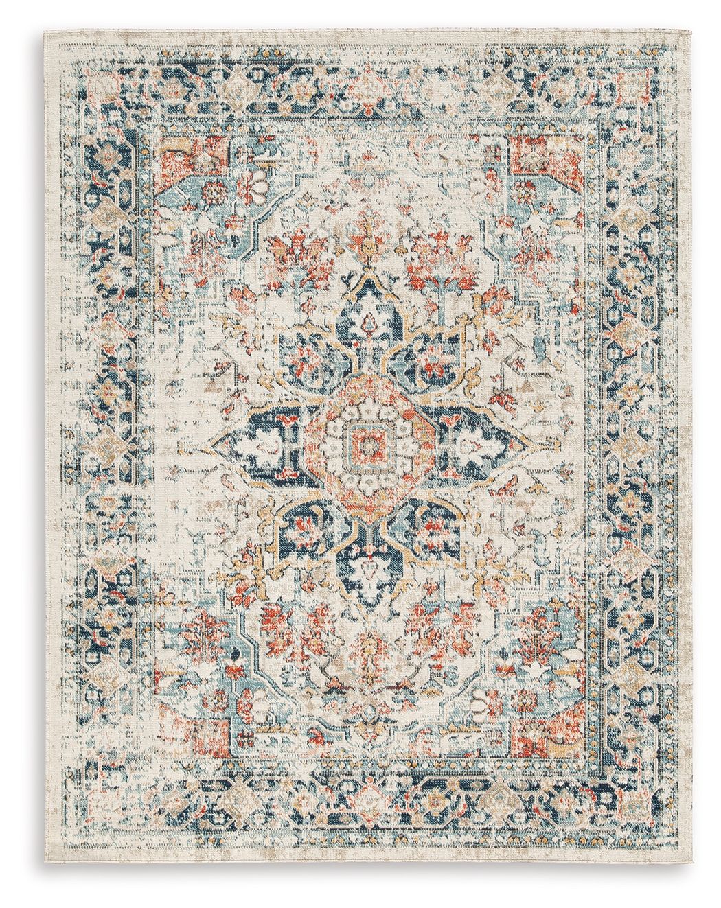 Jarrpage multi-pattern 5x7 area rug, blue/cream with orange accents and medallions
