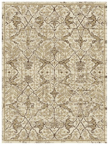 Light brown area rug with ornate geometric medallion pattern