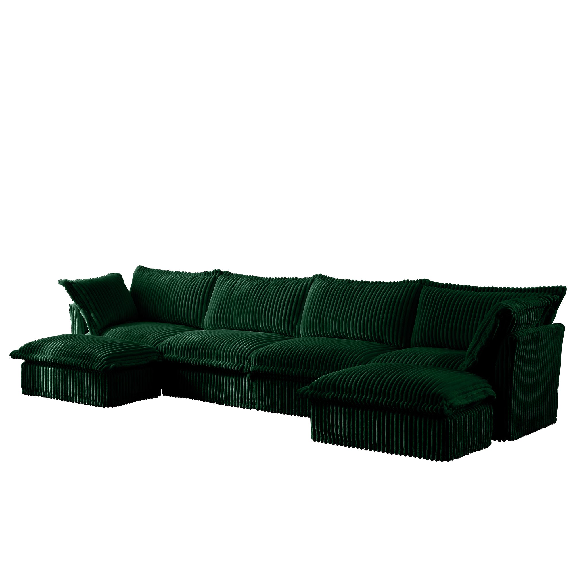 Green sectional sofa with chaise ottoman, deep seat cushions, and ribbed slipcover