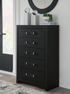 Black five-drawer chest with rectangular silver bar handles, dark wood finish