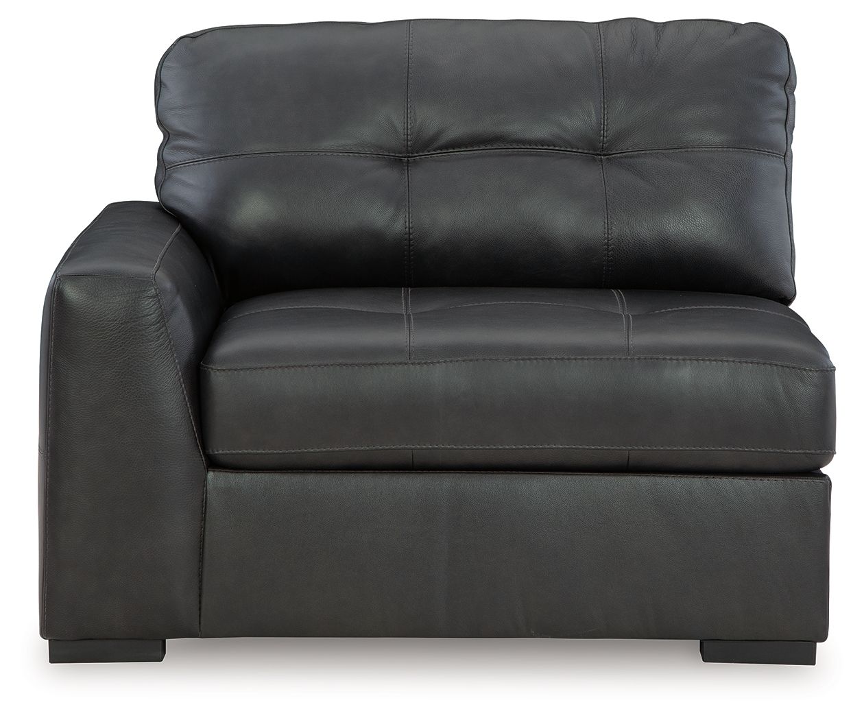Gray corner chair with tufted back cushions and cushioned armrests