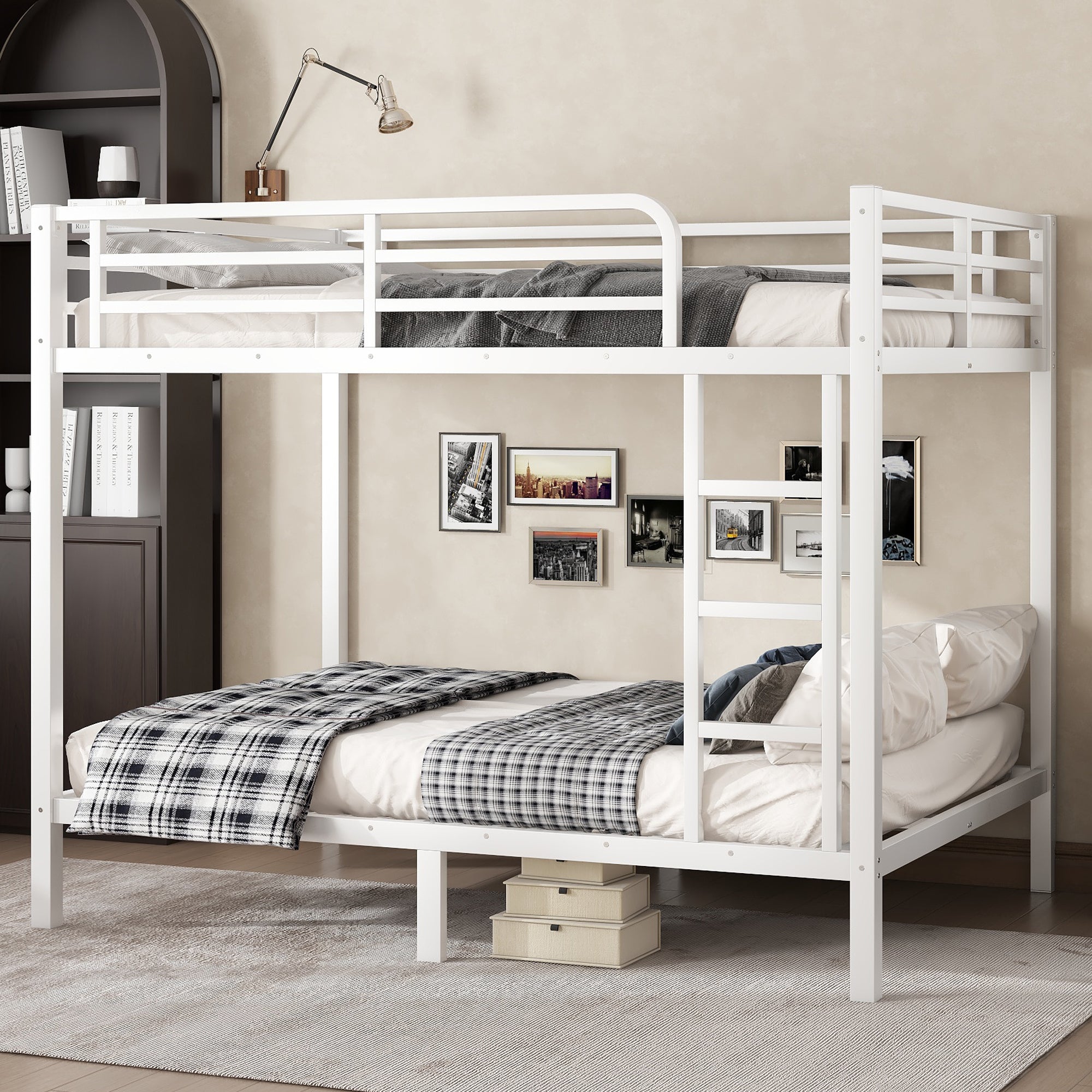 White Metal Full over Full Bunk Bed: Teens/Adults, Space-Saving, No Box Spring