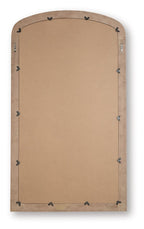 Back of arched floor mirror with brown backing and black corner hardware