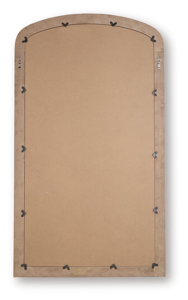 Back of arched floor mirror with brown backing and black corner hardware