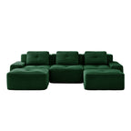 Green corduroy modular U-shaped sectional sofa with square back cushions and armrests