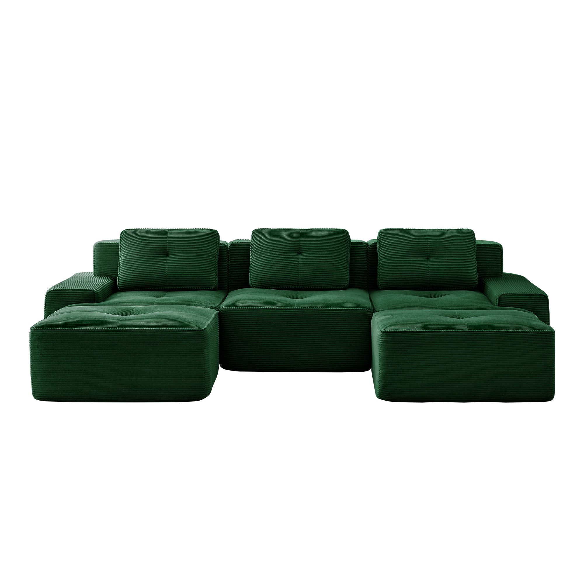 Green corduroy modular U-shaped sectional sofa with square back cushions and armrests