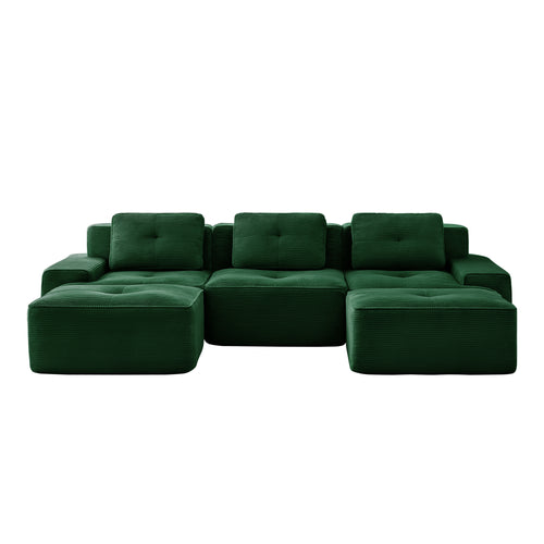 Green corduroy modular U-shaped sectional sofa with square back cushions and armrests
