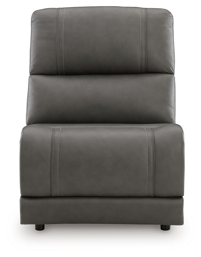 Harrenhurst armless chair, dark gray upholstery, tall back and thick seat cushion