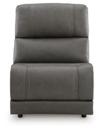 Harrenhurst armless chair, dark gray upholstery, tall back and thick seat cushion