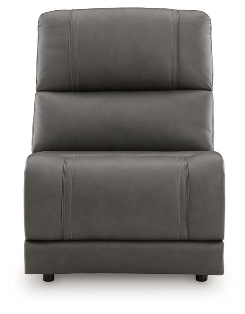 Harrenhurst armless chair, dark gray upholstery, tall back and thick seat cushion