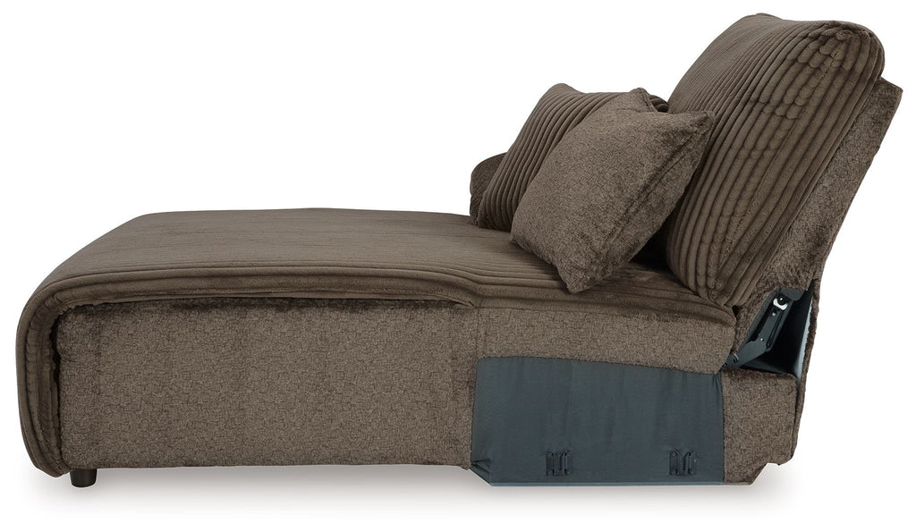 Chocolate press-back chaise lounge with ribbed armrests, seat cushion, and lever