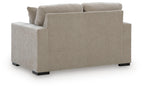 Gray upholstered loveseat sofa with square arms and low black feet