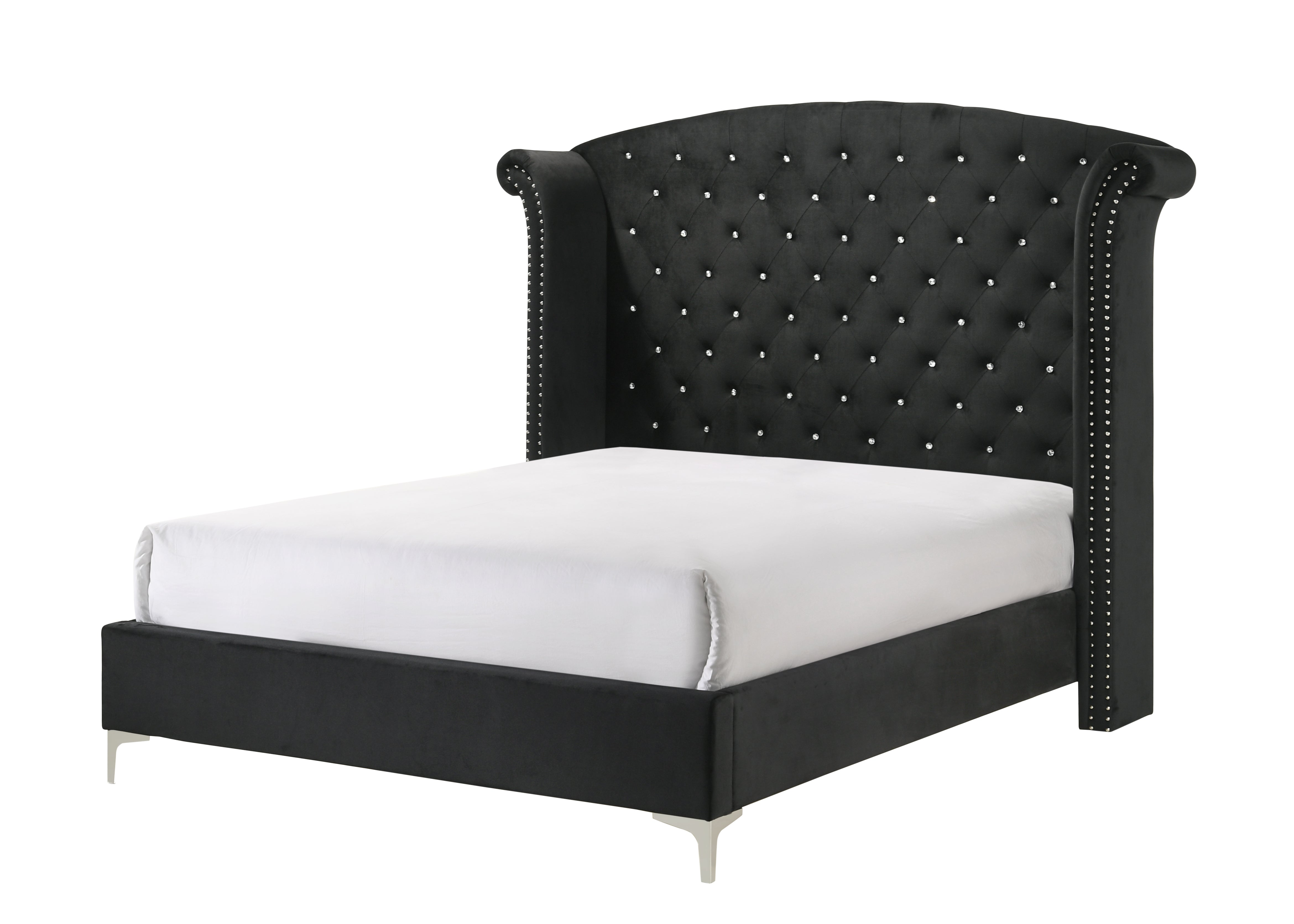 Glam Queen Bed Upholstered Wingback Button Tufted Headboard Black