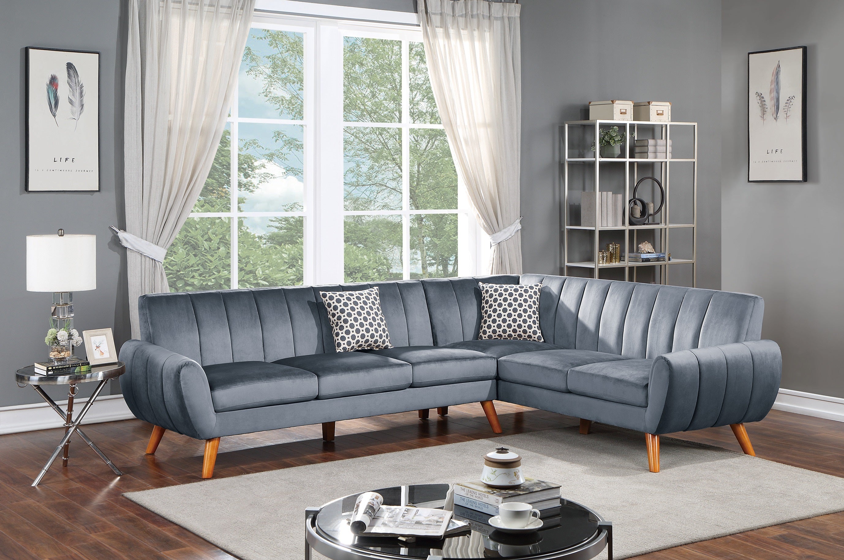 Contemporary Dark Gray Velvet 2-Pc Sectional Sofa & Loveseat
