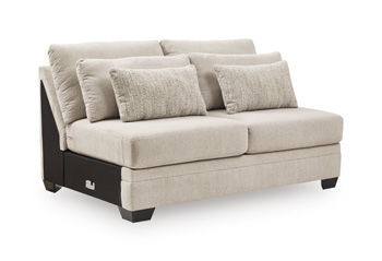 Mandi Point armless loveseat, light beige with four throw pillows