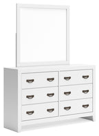 White dresser with attached rectangular mirror and six drawers with bronze handles