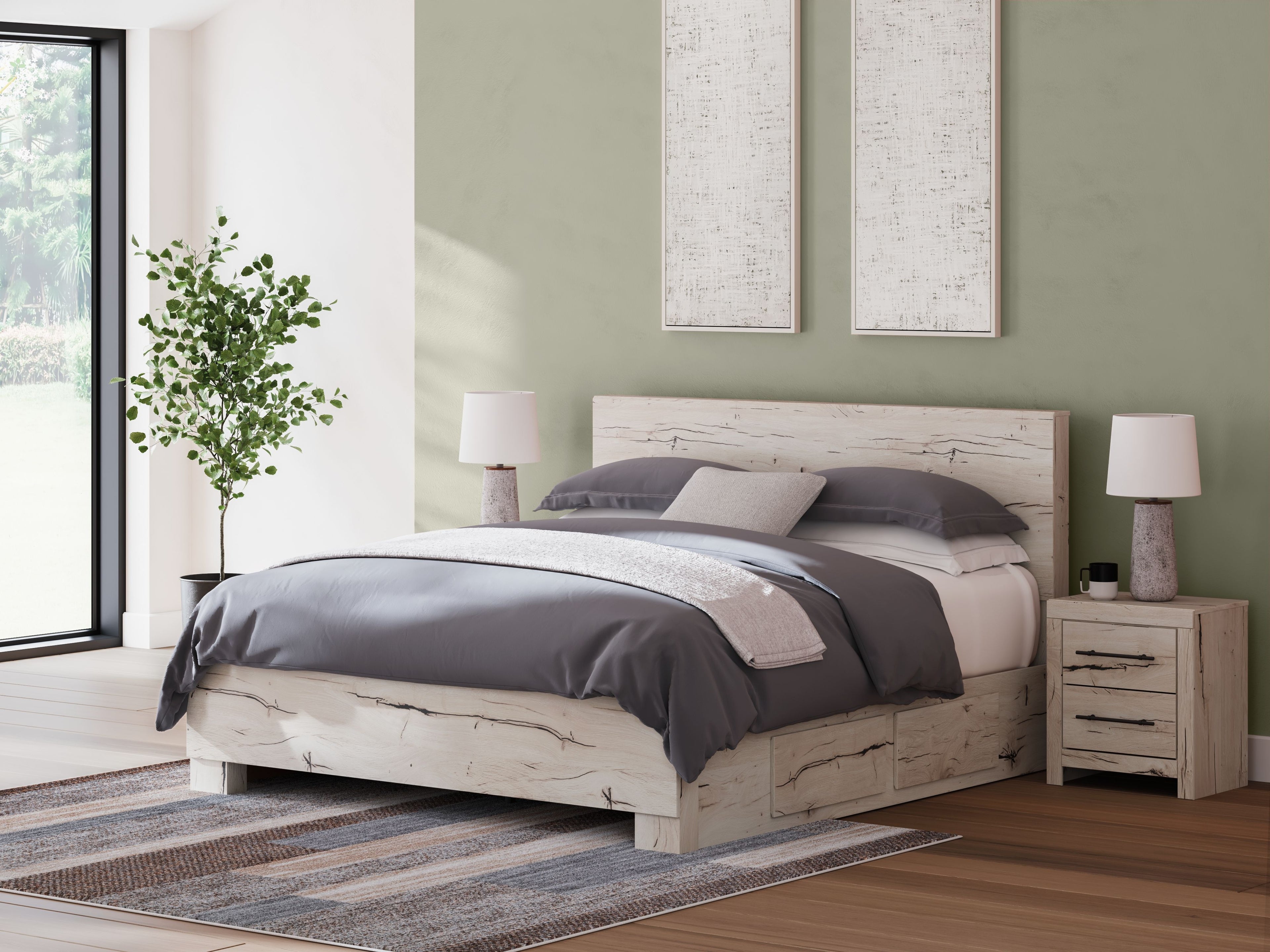 Light wood panel bed with storage, gray duvet and pillows on the frame