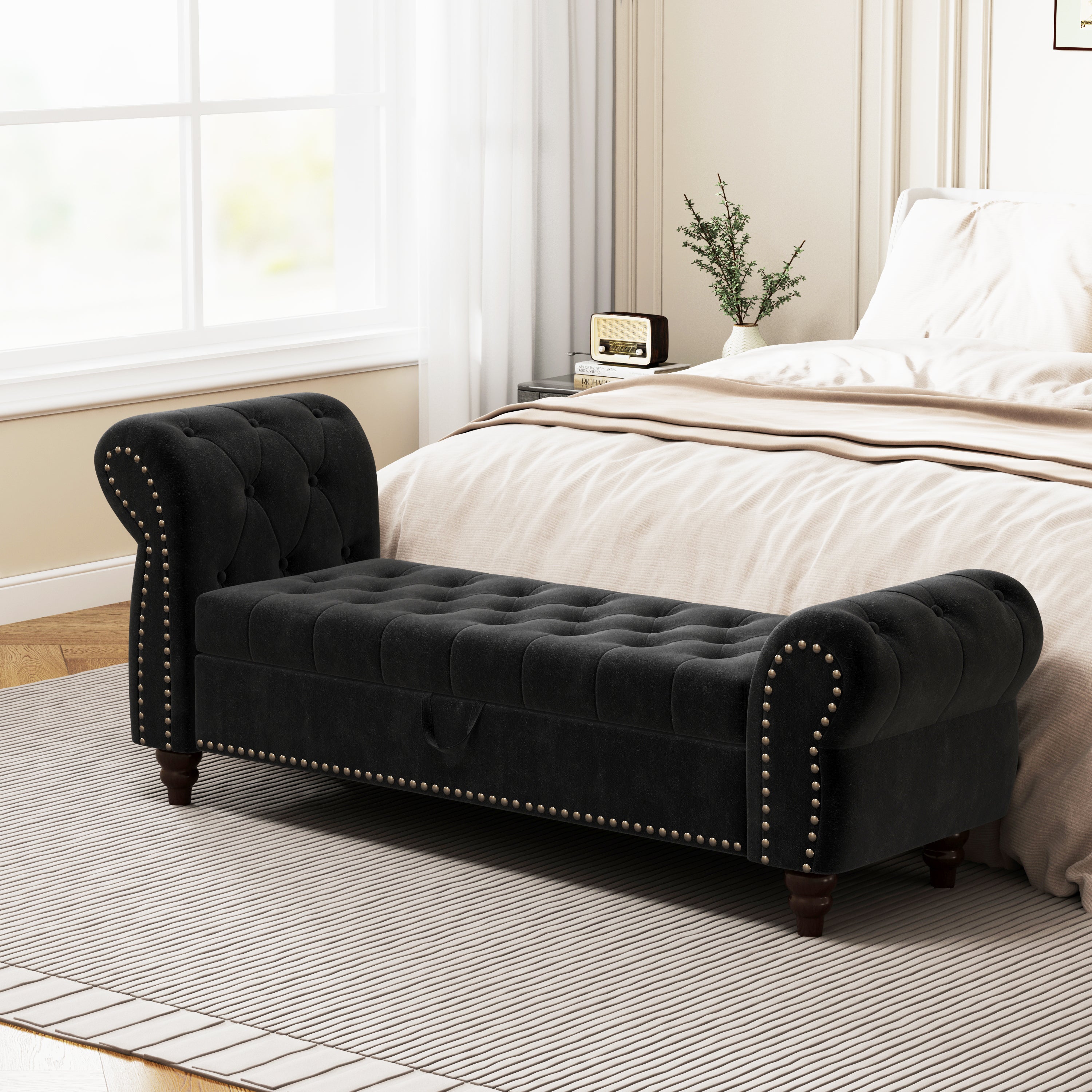Black Velvet Tufted Storage Bed Bench - 64.5" Chaise Lounge