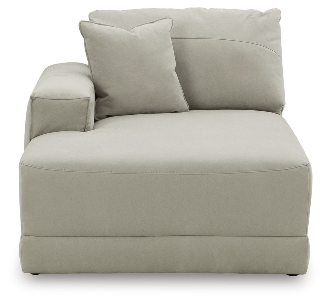 Left-arm facing corner chaise in light gray with two back pillows and deep seat.