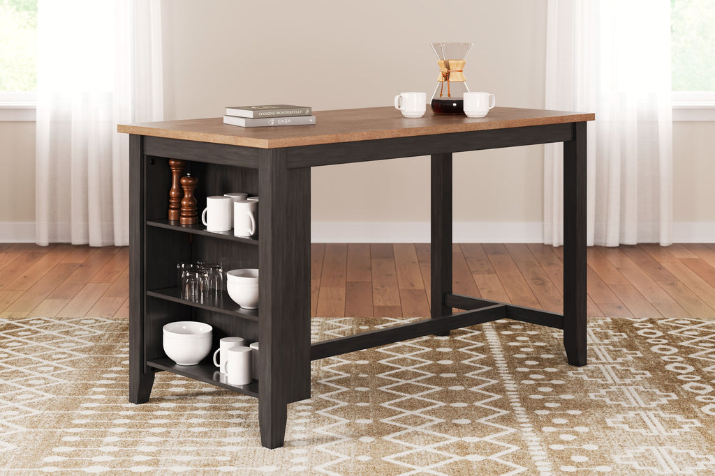 Rectangular dining table with dark brown sides, lower shelf, and wood-look top.