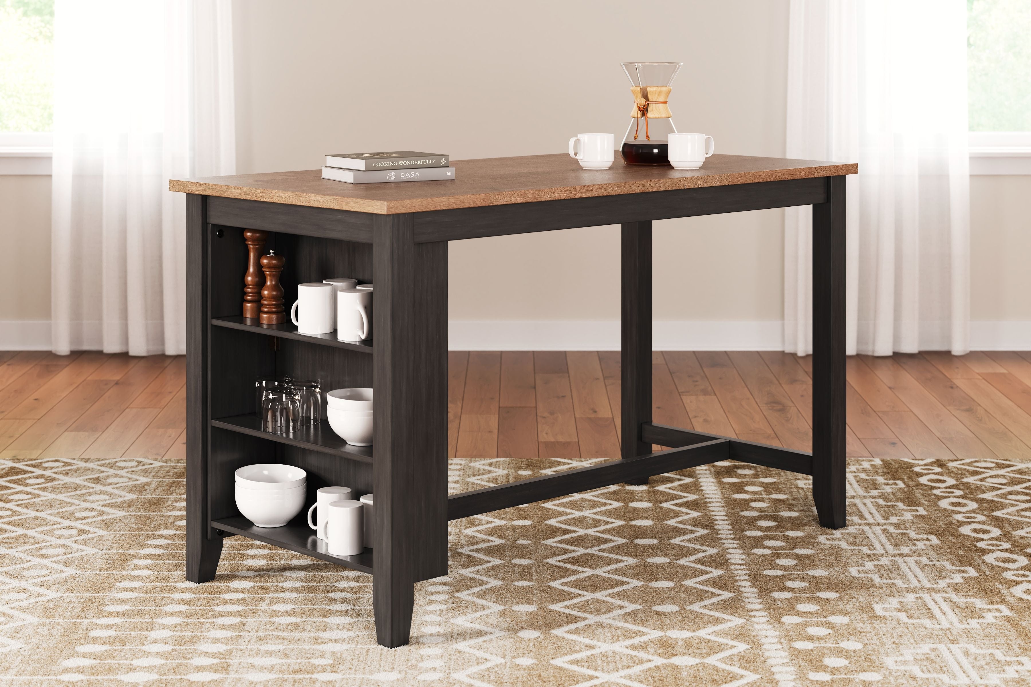 Rectangular dining table with dark brown sides, lower shelf, and wood-look top.