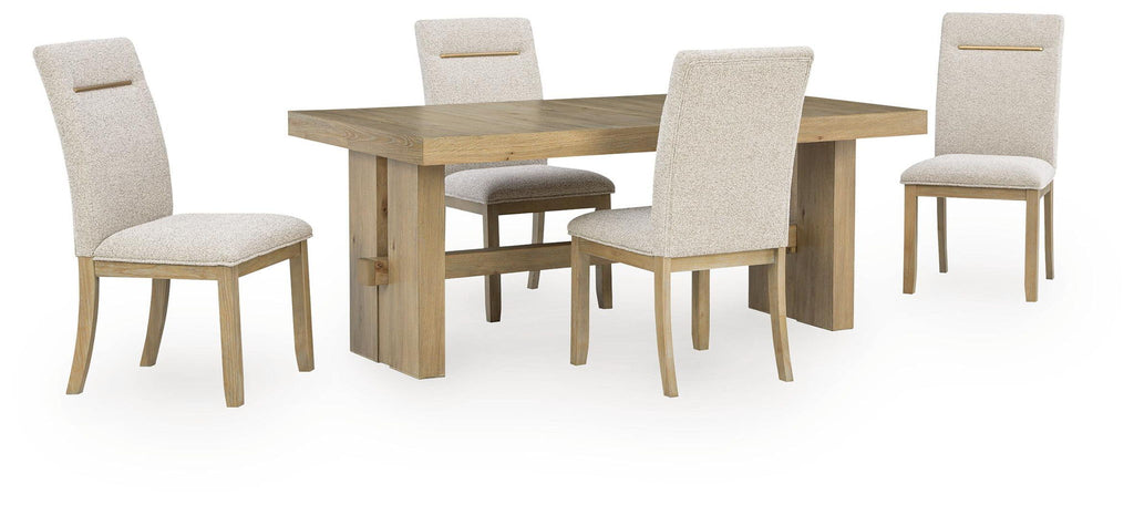 Dining table set with light brown wood table and 4 upholstered side chairs