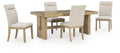Dining table set with light brown wood table and 4 upholstered side chairs